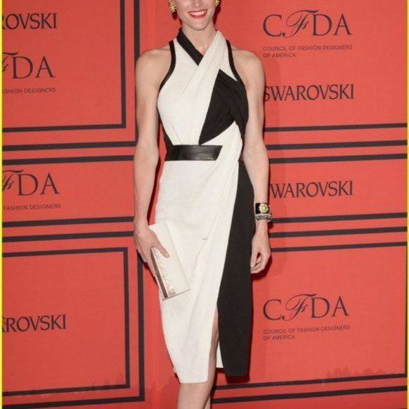 HELMUT LANG TWISTED DRAPE GRAINED VISCOSE LEATHER  TRIM DRESS Black White - Picture 5 of 16